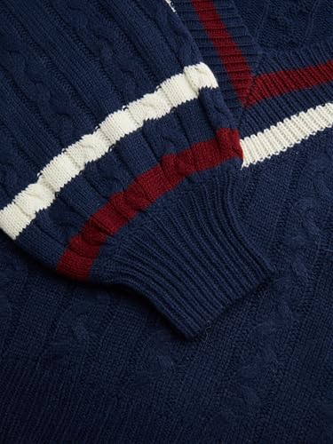 CIDER Cable Knit Sweater Women V Neck Long Sleeve Pullover Striped Trim Regular Fit Knit Top Fall Sweaters3