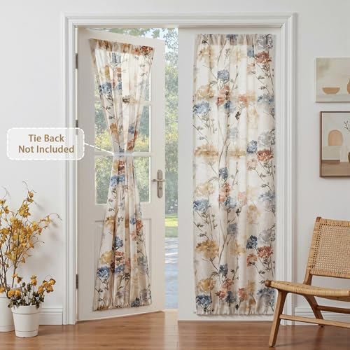 Image of MYSKY HOME Floral Linen French Door Curtains 72 inch Long 2 Panels for Front Door - Light Filtering Privacy Semi Sheer Window Curtains with Rod Pocket, Yellow, 24 inch W x 72 inch L