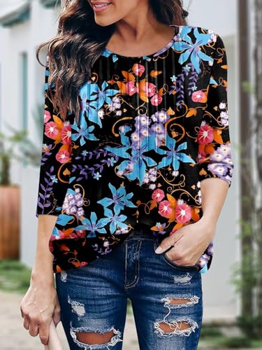 KISSMODA Tunic Tops for Women Loose Fit Dressy Round Neck Pleated 3/4 Length Sleeve Spring Tops