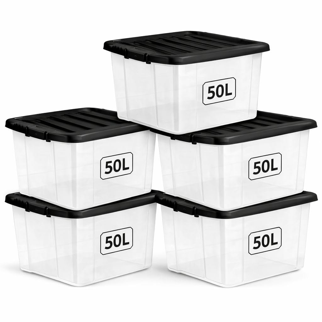 1ABOVE 5 Pack 50L Clear Plastic Storage Boxes with Black Lids – Strong BPA-Free Stackable & Nestable Storage Containers for Home, Office, Kitchen & Garage
