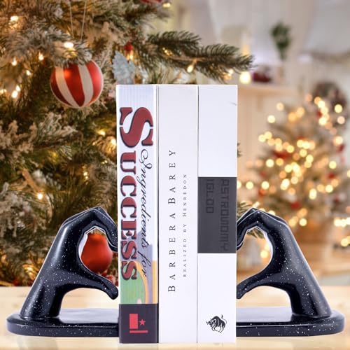 Xmeden Black Bookends, Heavy Duty Bookend Holder Decor, Finger Heart Shaped, Modern Art Sculpture, Bookends Decorative, Boho Decor for Desktop Bedroom Study Room(Black)