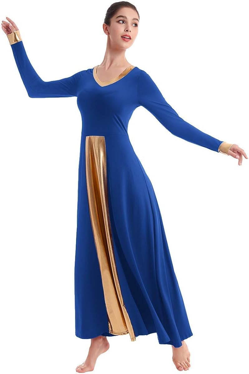 IBAKOM Praise Liturgical Dance Costume for Women Loose Fit Full Length Metallic Gold V-Neck Worship Long Dress Dancewear : Sports & Outdoors