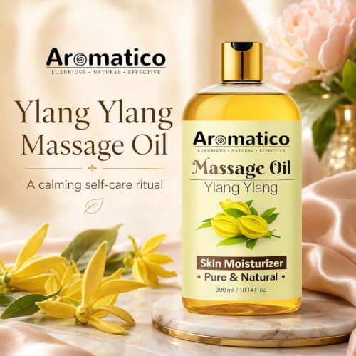 Image of AROMATICO Ylang Ylang Massage Oil - Spa Massage Oil with Almond & Jojoba for Couples, Full Body Stress Relief & Skin Nourishment | 300ml