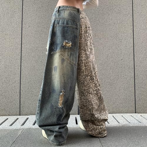 Baggy Jeans Men Y2k Ripped Leopard Print Jeans Washed Distressed Wide Leg Denim Pants Parachute Hip Pop3
