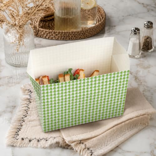 Image of Restaurantware Bio Tek 80 Ounce To Go Boxes 400 Rectangle Take Out Food Containers - Fast Top Closure Disposable Green Houndstooth Paper Carry Out Containers For Burgers Or Fried Chicken