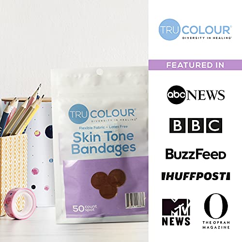 Tru Colour - Spot Bandages, Flexible Fabric Adhesive Bandages, Dark Brown Skin Tone Shade, Purple Bag, 50 Count #TOP4