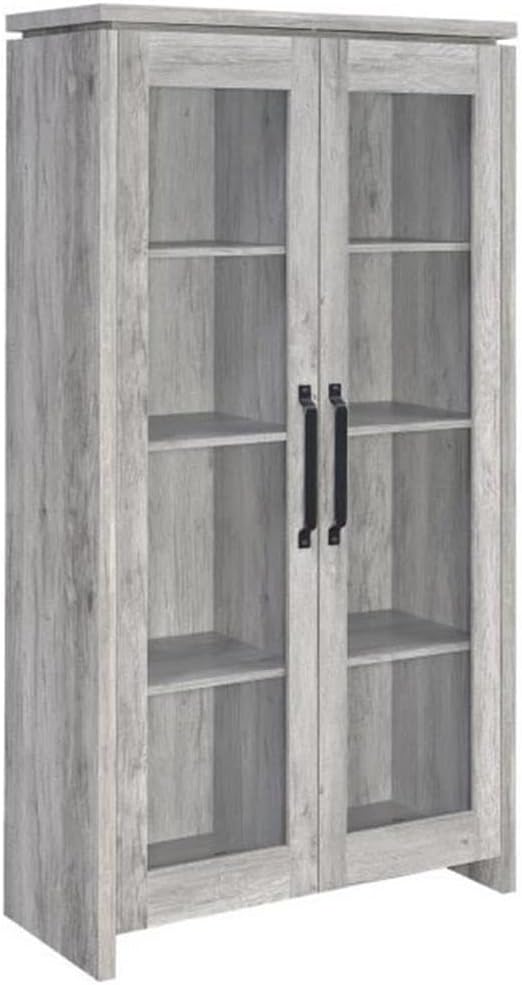 BOWERY HILL Traditional Wood Curio Display Cabinet, 2 Glass Front Doors, Rustic Grey Driftwood Finish, 69" H x 35.25" W x 15.5" D, 6 Shelves with Adjustable Options, Antique Bronze Hardware, Living