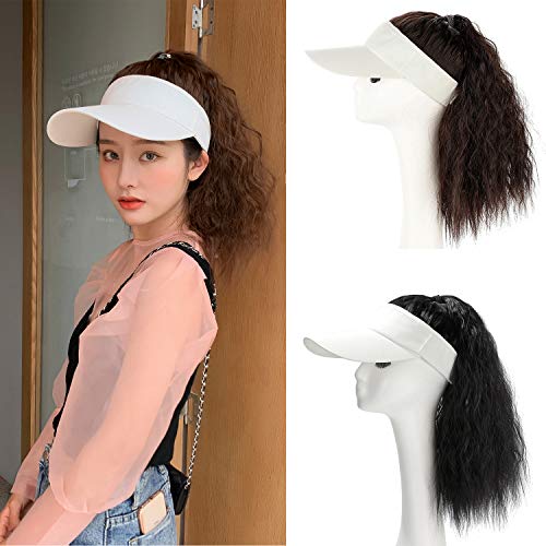 AynnQueen Ponytail Extension with Hat Curly Wavy Ponytail Wig with Visor Cap Ponytail Wigs for Women Hat with Ponytail Hair Extensions(Curly Ponytail-Khaki Hat)