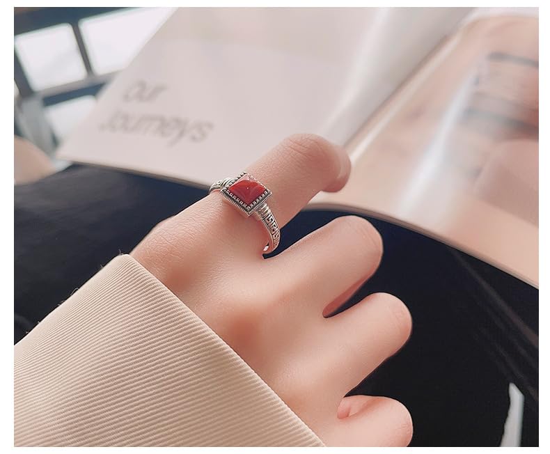 Anelli Donna,Anelli Aperti Regolabili In Argento Sterling 925, Anelli Vintage Quadrati In Agata Rossa, Anelli In Argento con Pietra Naturale, Anelli con Motivo Intagliato A Mano, Gioielli, Regali Pe