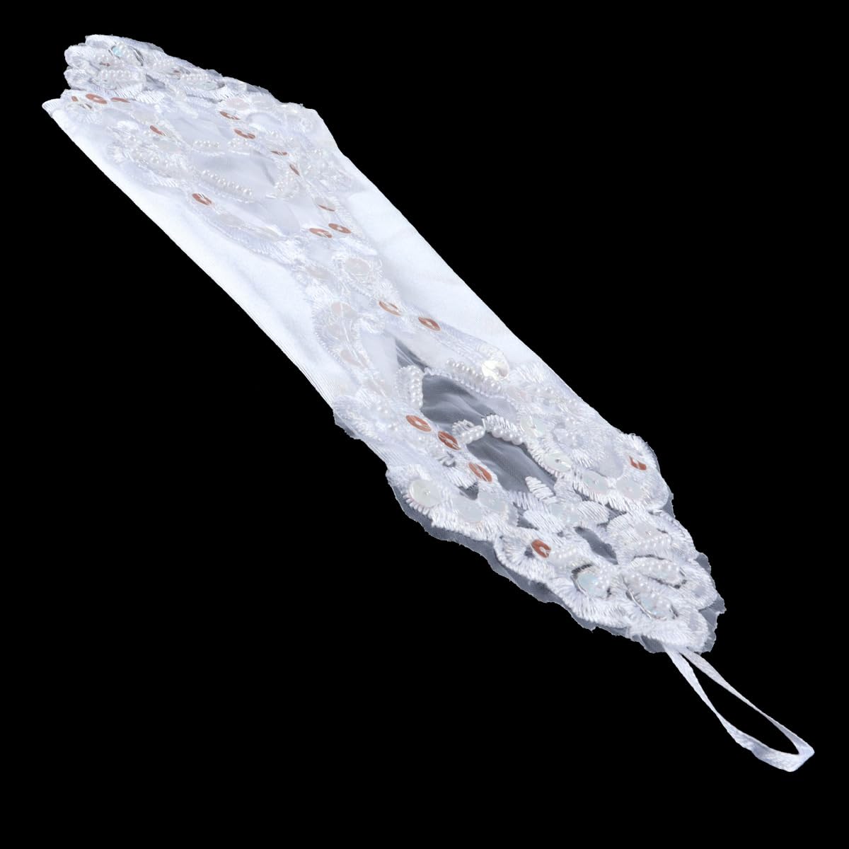 1 par de guantes largos sin dedos de satén con encaje y lentejuelas para niñas de flores, para boda, comunión, dama de honor, color blanco