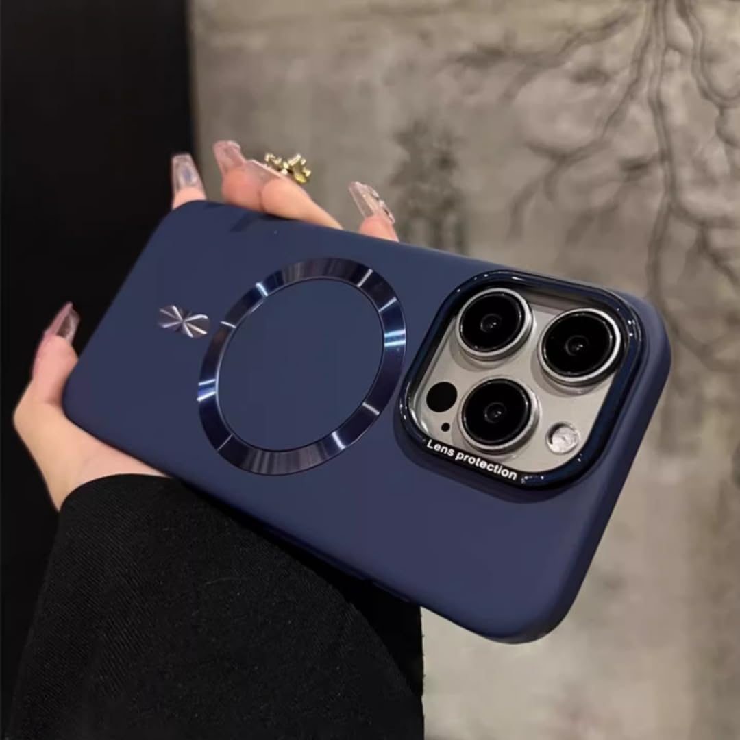 Coque anti-traces iPhone 16 Plus bleu foncé rigide compatible charge magnétique