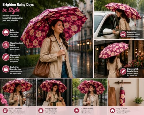 Image of BENAVJI Umbrella for Women -3 Fold, UV Coated, Auto Open Close- Printed Design Umberallas for Ladies, Girls and Men