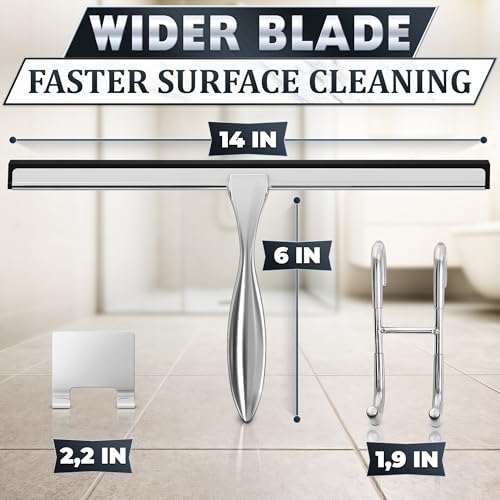 Image of Shower Door Squeegee with Hook - 14 inch Silicone Blade, Stainless Steel Squeegee for Shower Glass with Adhesive Mount - All-Purpose Bathroom Tile, Mirror, & Window Wiper for Streak-Free Cleaning (Silver)
