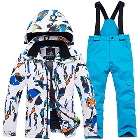 2 Piece Kids Ski Suit Snow Jacket + Snow Bib Ski Pants Snowsuit Boys Winter Waterproof Hooded Coat Snow Trousers Outfit Set Cover
