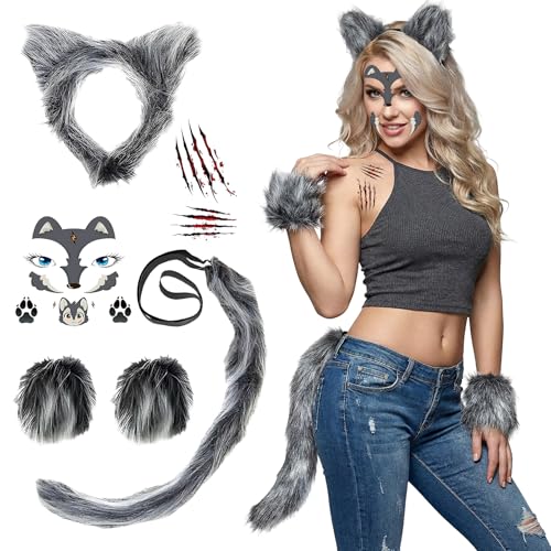 6 Pcs Grey Wolf Costume Accessories Set for Kids Adults, Furry Wolf Ears Headband, Elastic Wrist Cuffs, Adjustable Bendable Tail, Temporary Tattoos, Animal Fancy Dress for Halloween Carnival Party
