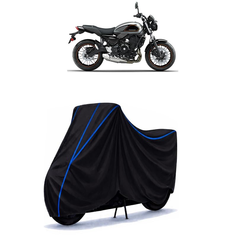 Image of Z 650 RS Bike Cover Water Resistant Universal Motorcycle Rain | Heavy Duty UV Protection, Dust, Scratch Indoor Outdoor All Weather with Black Blue Piping Elastic