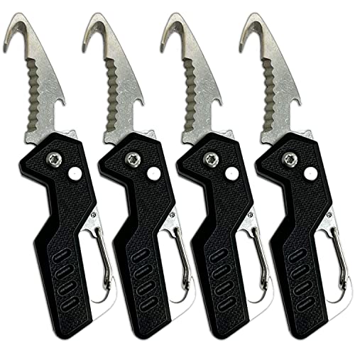 ANAMI カッター 段ボール開封 カッター フック型 ダンボールカッター フックカッター 段ボールの開梱 開封道具 おしゃれ 開閉式 開梱カッター アウトドア カラナビ付き キーホルダー ナイフ のこぎり 全長105mm (ブラック 4個セット)