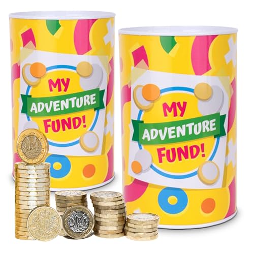 SOL 2pk My Adventure Fund Money Box, 8cm x 12.7cm Break-to-Open Tin, Unopenable Piggy Bank for Adults and Kids, Large Capacity, Colourful, Ideal for Gifting and Achieving Saving Goals