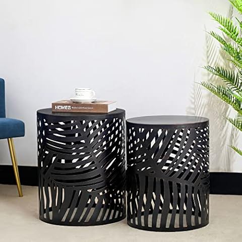 Homebeez Metal Accent Table, Set of 2 Nesting Decorative Round End Tables Nightstands, Coffee Side Tables for Indoor Outdoor and More (Black with Rust Leaf) Cover