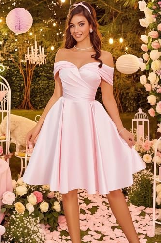 Off Shoulder Homecoming Dresses 2025 Satin Short Prom Dresses for Teens Mini Birthday Dresses for Women2