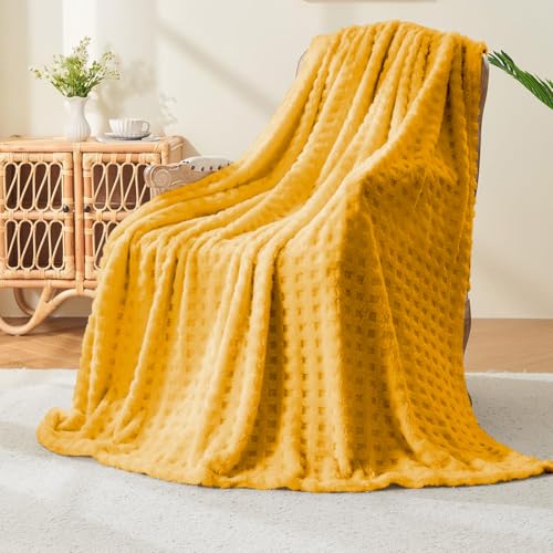 Wajade Fleece Throw Blanket Fluffy Faux Fur Blanket for Bed Sofa Couch Soft Warm Thick Blanket Waffle Yellow-127X178