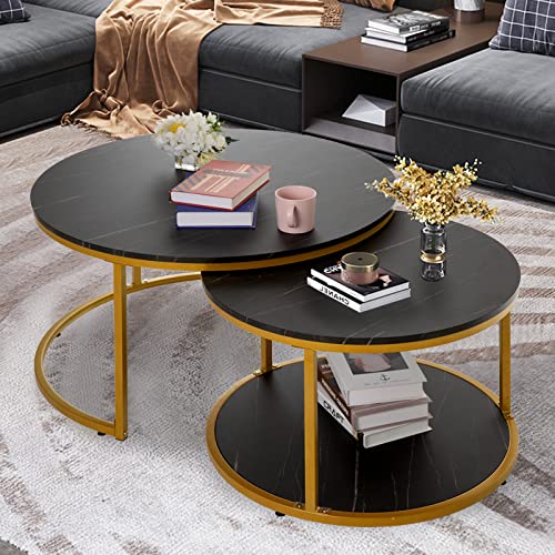 Image of NSdirect Nesting Coffee Table Set of 2,Round Coffee Tables Modern Circle Table for Living Room Accent End Side Table with Storage Open Shelf Faux Marble Wood Top & Gold Sturdy Metal Frame(Black&Black)
