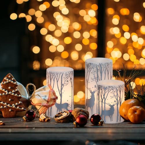 Image of GenSwin Flameless Candles with Timer, Christmas LED Flickering Candles Real Wax with Silver Deer Decals, 3 Pack Pillar Fake Candle for Winter Indoor Fireplace Christmas Decor(D3 inch x H4 inch5 inch6 inch)