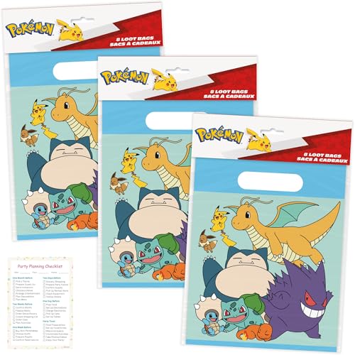 Unique Pokemon Goodie Bags | 16 Count | Plastic Party Favor Bags - Pokemon Birthday Party Decorations and Supplies, includes Checklist | Officially Licensed