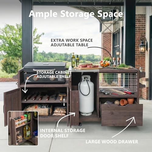 Image of Merax 80.5 inch Outdoor Kitchen Island for Big Green Egg& Blackstone Griddle, Solid Wood Grill Cart Table with Stainless Steel Top, for Large Big Green Egg and 21 inch /28 inch Blackstone Griddle, Dark Brown