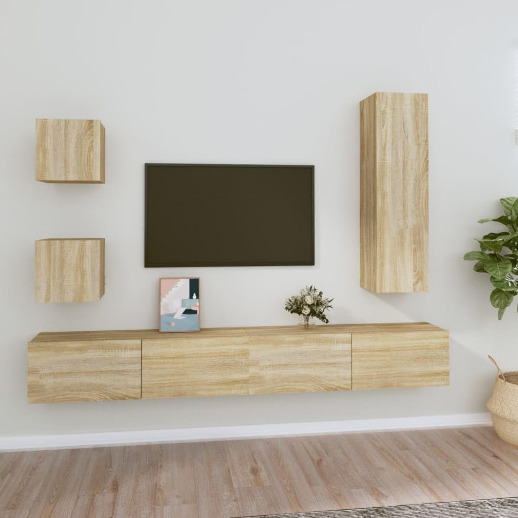 5-TLG. TV-Schrank-Set Sonoma-Eiche Holzwerkstoff, Hängend, Modernes Media-Center für Wohnzimmer, Robustes Wandregal mit Stauraum, Universal TV Stand