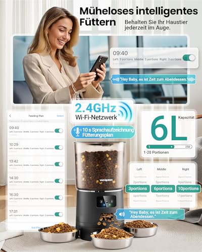 Futterautomat Katze mit APP und Timer, 6 L / 25 Tassen Katzenfutter Automat 3 Näpfe, 3 Trockenmittel Packungen, Anti-Verstopfungssystem, 2.4G WiFi, 10-S Stimmaufnahme Futterspender Katze Hund, Schwarz
