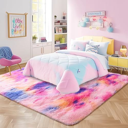 Fluffy Rug Fade Resistant 6x9 Feet, Deep Rainbow Tie-dye Rugs for Girls Room Carpet for Kids Girls Dorm Nursery