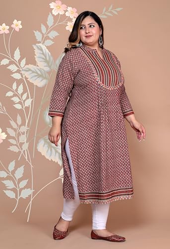 Image of Women's Plus Size Cotton Kantha Work Kurti Kurta - Beautiful Floral Print