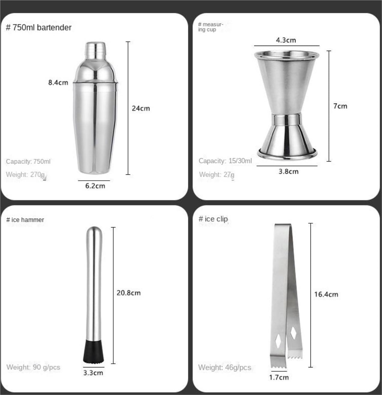 Ensemble de Cocktail Shaker à Cocktail Shaker Kit Ensemble De 16 Shakers À Cocktail en Acier Inoxydable avec Support en Bambou Élégant Shaker Cocktail Kit Shaker Cocktail Set(750ml)