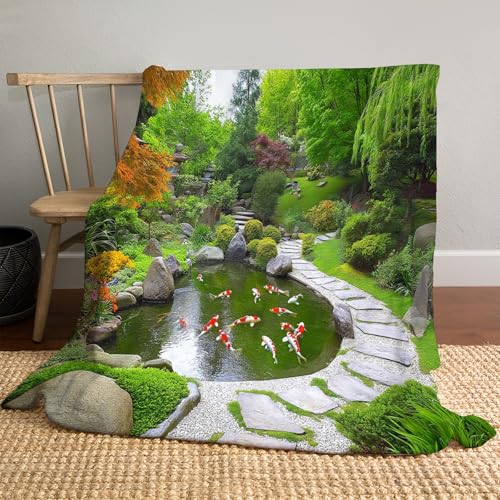 JSCWDET Estanque Koi Mantas para Sofa Franela 150×200 Cm, Manta para Cama Invierno Ultra Suave Polar, Manta Sofa Pelo Largo Jardín Camino para Sofá, Cama O Sala De Estar