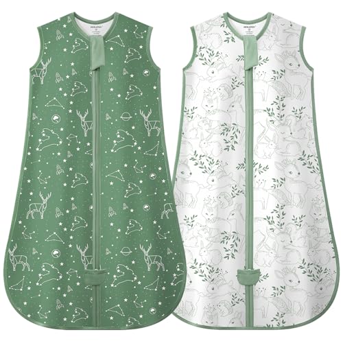 MIKAFEN Pack de 2 Sacos de Dormir Bebé Verano 0,5 TOG, 100% Algodón Saco de Dormir Infantil de Verano para Niños y Niñas, Constelación y Zorro Verde, 6-14 Meses