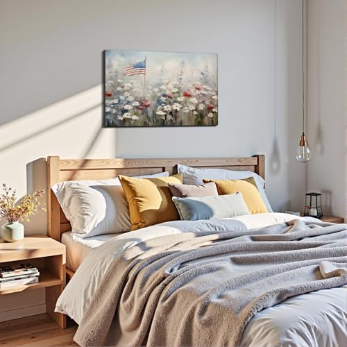 Image of Framed American Flag Wildflower Wall Art, Patriotic Floral Canvas Art Pictures, USA Flag Wall Decor for Living Room Bedroom Office, Ready to Hang Made in USA