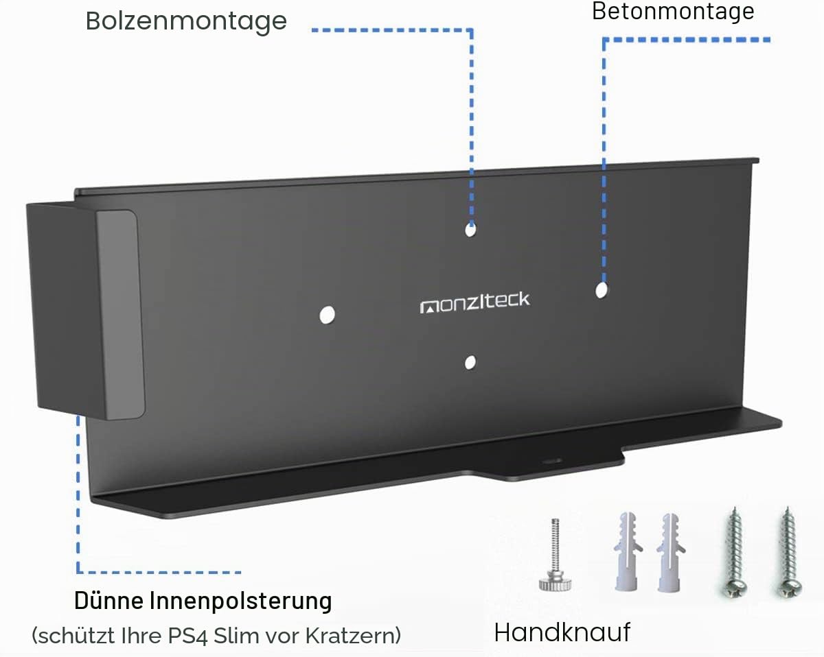 Monzlteck Wall Mount for PS4 Slim, Stander Holder Compatible for Playstation 4 Slim, near or behind TV, Storage and organizer