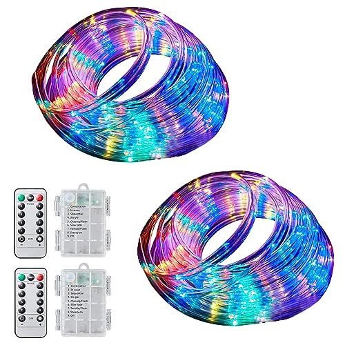 Aigleya LED Rope Lights, 2 Pack Multicolor Christmas Lights Outdoor with Remote Control, 40ft 120 LED 8 Modes Waterproof Strip Lighting Battery Operated for H Christmas Party Holiday
