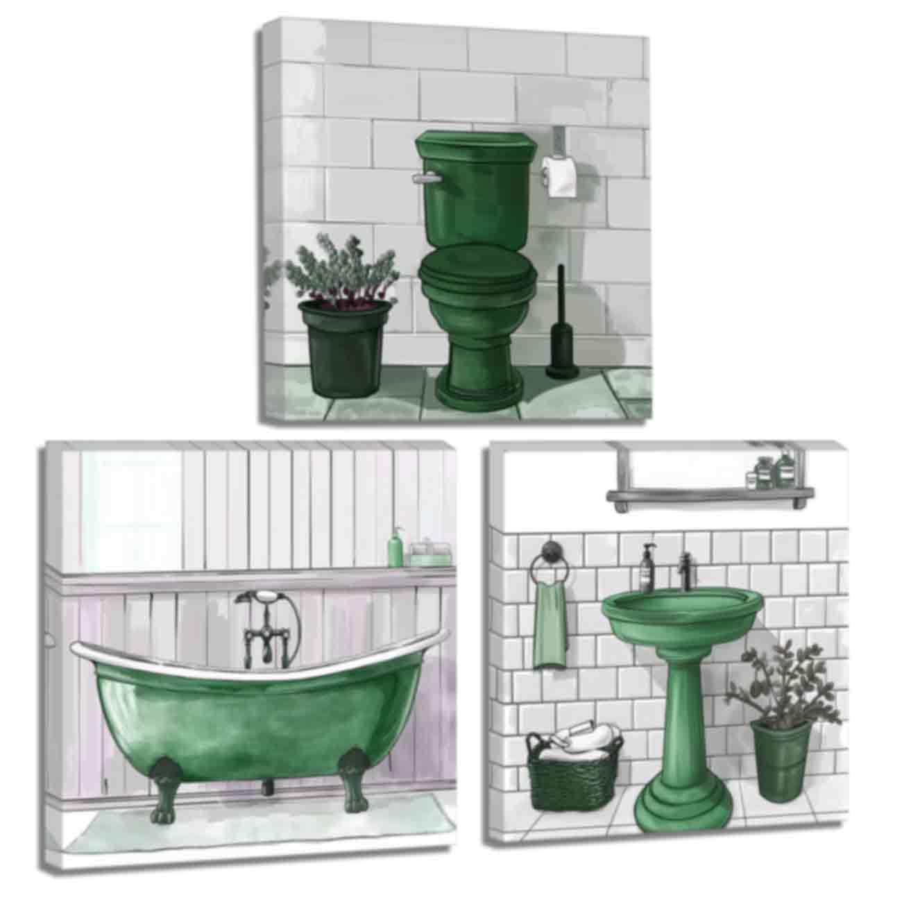 ZQQART Bathroom Canvas Prints Tub Wall Art Set of 3 Bath Tub Picture Toilet Painting Funny Bathroom Art Wall Decor (Green,60x60cmx3)