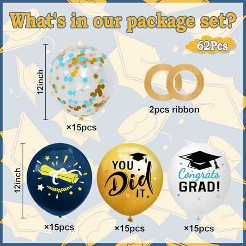Image of Graduation Decorations 2026 - Graduation Balloons 62pcs 12 Inch Navy Blue Gold White Grad Print Latex Confetti Balloon for College High School Class of 2026 Congrats Grad Party Decor Supplies (Ribbon)