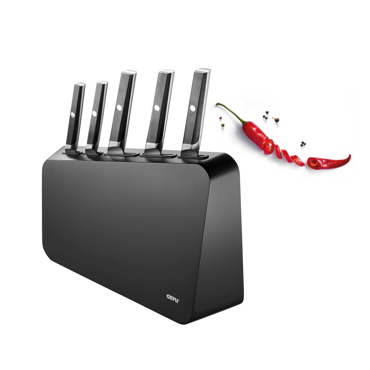 GEFU ACURO Juego de 6 cuchillos con bloque de cuchillos, cuchillo de pan, cuchillo de chef, santoku, universal y vegetal, acero alemán, HRC 57, ergonómico, duradero y elegante