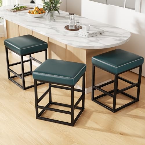 Image of Bar Stools Set of 6, 24in Counter Height Barstools, Faux Leather Counter Stools with Thick Square Seats & Sturdy Metal Base, Modern Bar Chairs for Kitchen Island (Navy Blue)
