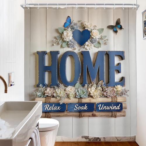 Image of Riyidecor Rustic Floral Shower Curtain Blue Wood Country Farmhouse Flowers Botanical Plant Leaf Wooden Home Vintage 60Wx72H Inch Love Words Fabric Decor Bathroom Polyester Waterproof 12 Pack Hooks