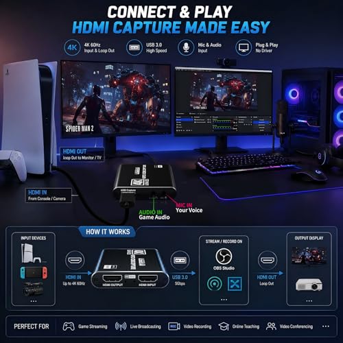 Image of Guermok USB 3.0 HDMI Capture Card, 1080P 60FPS & 2K30 Video Capture Device | 4K HDMI Pass-Through, Mic Input & Audio Output, USB Video Game Capture for OBS Streaming, PS5, Switch 2 /1, Xbox1, Camera, PC