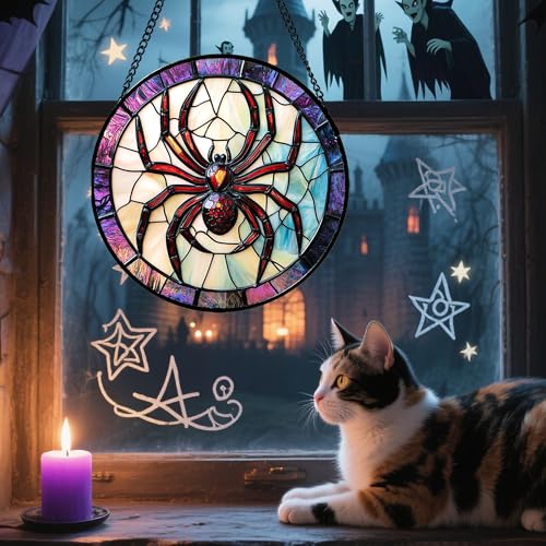 Image of Stained Glass Window Hanging - Halloween Decorations Red Spider Goth Suncatcher for Doors Garden Indoor Funny Spooky Sun Catchers Gothic Decor Horror Gifts for Women Men Friend 7.8 in