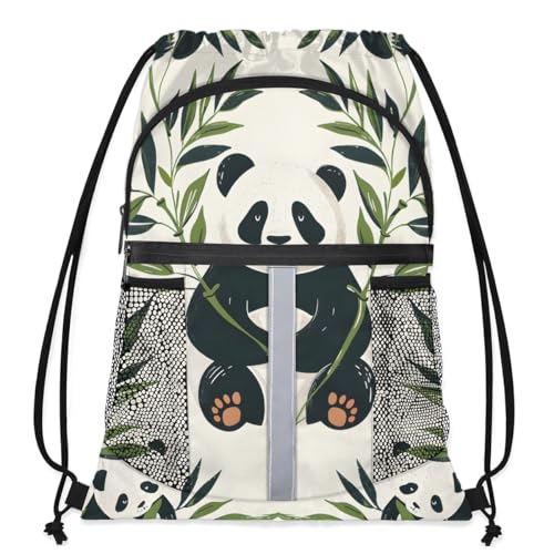 Panda Bear Drawstring Backpack Waterproof String Bag Sackpack Green Plants Cinch Sack for Traveling Gym Sports with Mesh Pockets