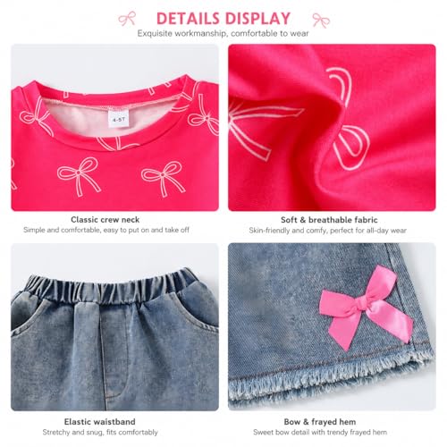 Image of Azmxynol Kid Girls Clothes Outfits Bowknot T-Shirt + 2 In 1 Denim Short Skort Summer Clothing Set, Size 4-10 Years