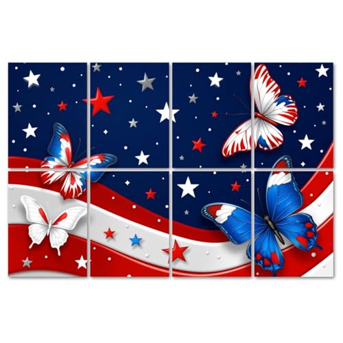 Paquete de 8 Paneles Acústicos Artísticos Patrióticos Rojiblancos Azules con Mariposas Estrellas y Rayas 48"x32"