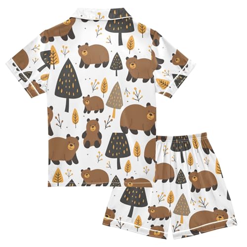 ALAZA Cute Bear Pine Tree Pajamas Satin Pajama Set Short Sleeve Button Down Sleepwear2
